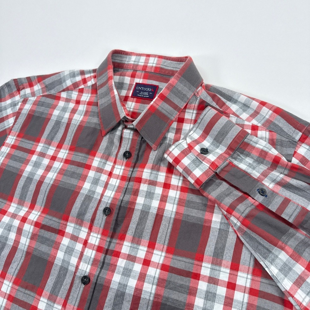 UNTUCKit Shirt Mens XL Red Grey Plaid Flannel Button Up Long Sleeve Cotton Prep